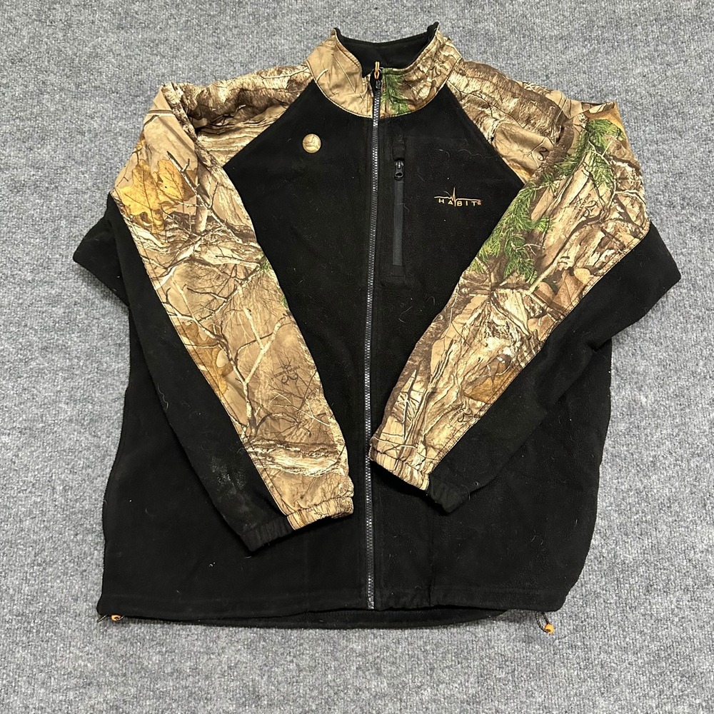Habit Jacket Mens Size Large Black Realtree Camo Fleece Full Zip Outdoor Hunting